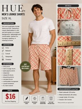 HUE Coral and Cream Plaid Drawstring Shorts